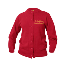 Load image into Gallery viewer, ST. MADELINE SOPHIE RED CREW NECK CARDIGAN SWEATER W/ LOGO (GIRLS)