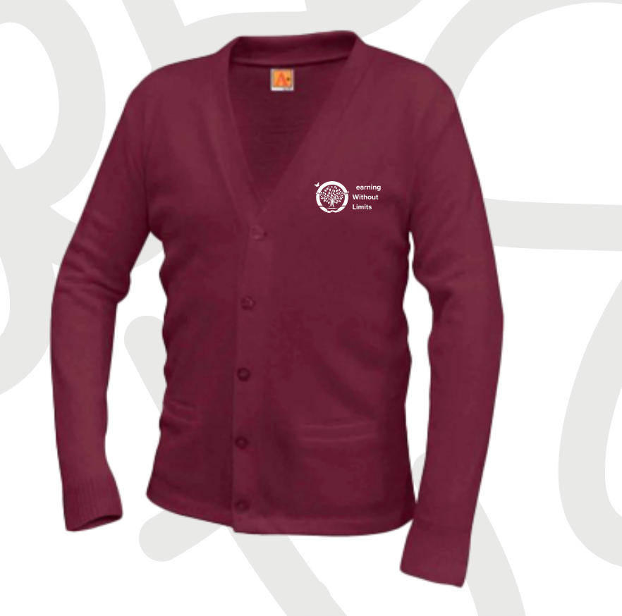 LEARNING WITHOUT LIMITS V-NECK WINE CARDIGAN SWEATER w/logo