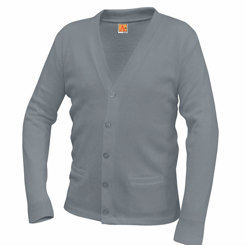 EMBLAZE GREY V-NECK CARDIGAN SWEATER 7th and 8th GRADE with embroidered logo