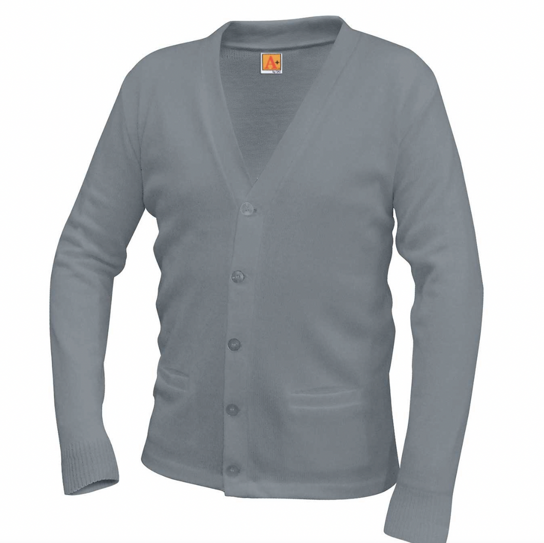 EMBLAZE GREY V-NECK CARDIGAN SWEATER 7th and 8th GRADE with embroidered logo