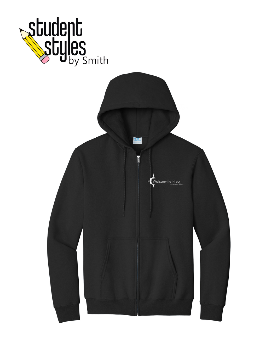 Watsonville Prep Middle School Full Zip Black Hooded Sweatshirt w/ left chest logo