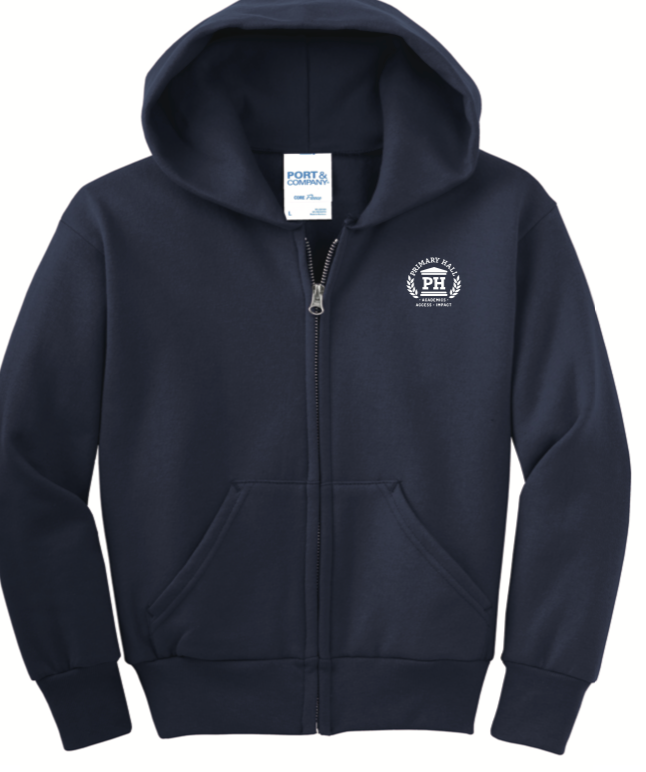 PRIMARY HALL NAVY FULL ZIP HOODED SWEATSHIRT WITH LOGO
